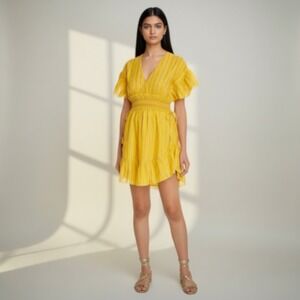 Saylor Adrianne XS Yellow Stripe Yarn Dyed Mini Dress Smocked Waist Boho Resort